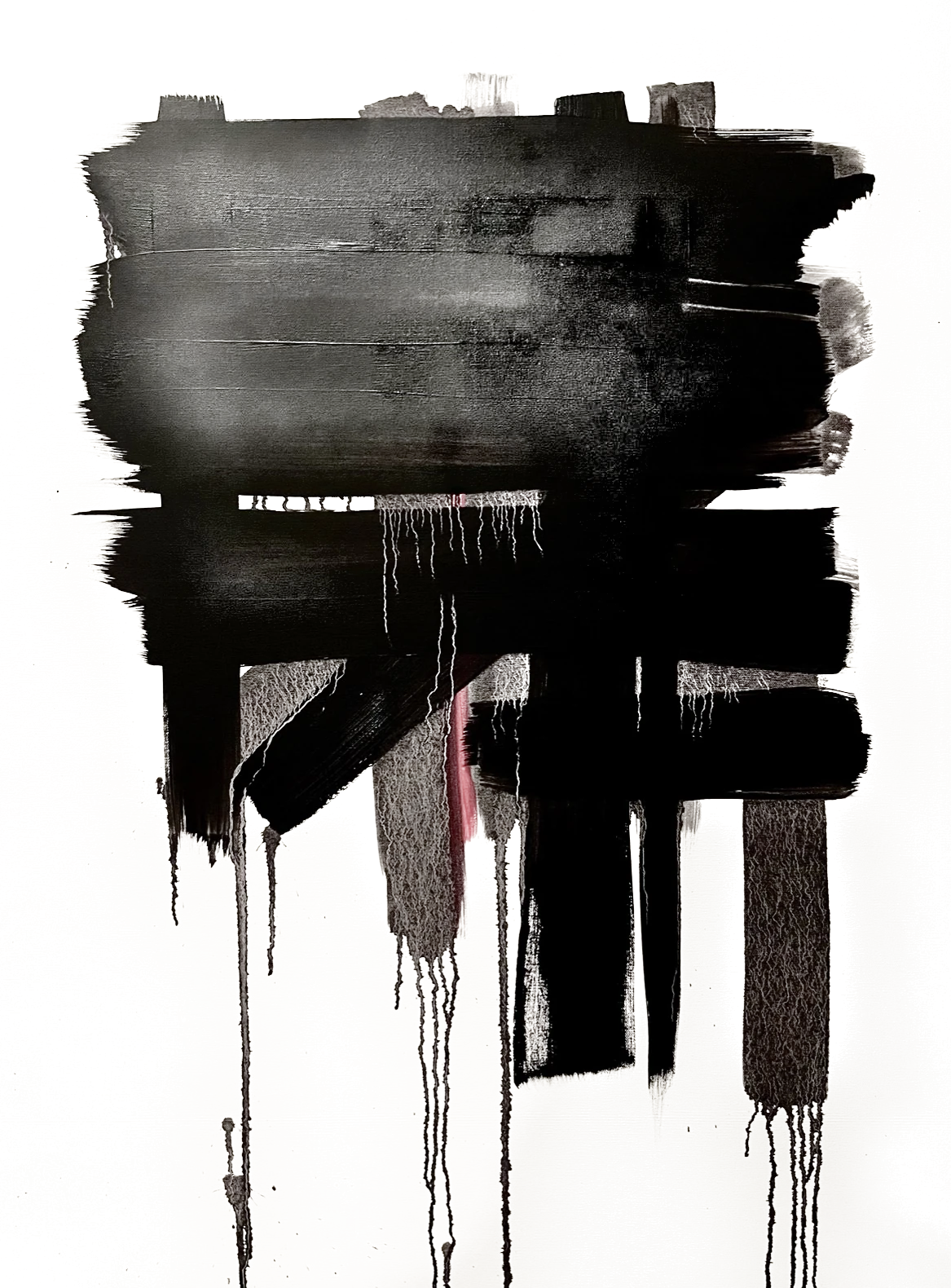 Abstract painting: heavy black horizontal brushstrokes over a hidden red mark, with paint running down from their lower edges.