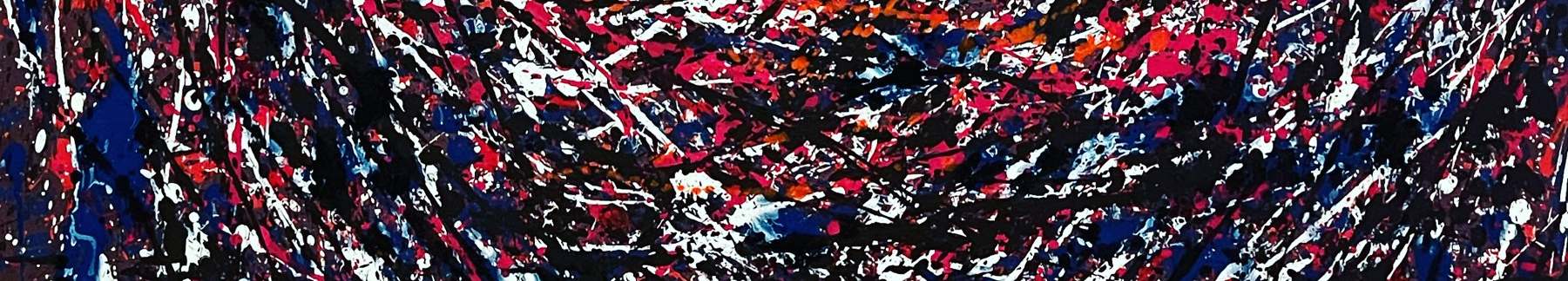 A band of dense poured paint: black, white, and blue spatter shot through with red.