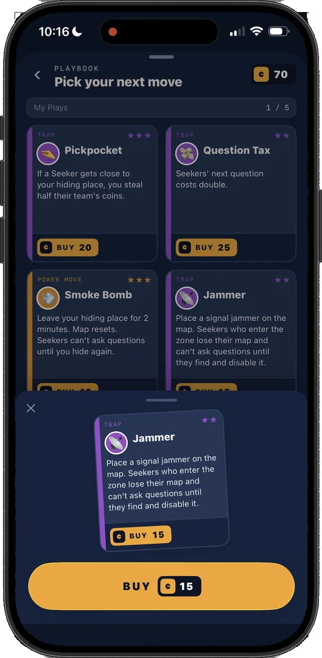Phone screen titled Pick your next move, showing a grid of trap and power move cards: Pickpocket, Question Tax, Smoke Bomb, and Jammer, with a Jammer card enlarged over a Buy button priced at 15 coins.