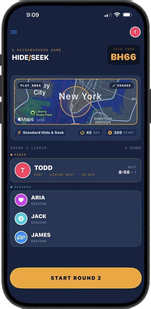 Phone screen showing the HIDE/SEEK lobby: a join code of BH66, a map with an orange play-area circle drawn over New York, a 45 minute round length, and a lineup of one Hider and three Seekers above a Start Round 2 button.